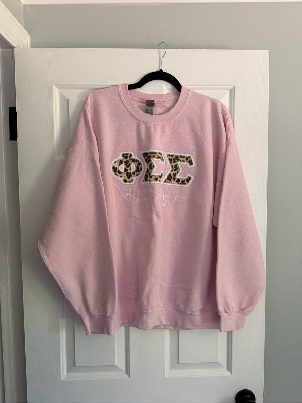Phi Sigma Sigma Pink Crewneck Sweatshirt with Leopard Greek Letters